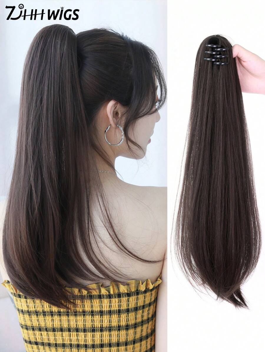 SHEIN 7JHH WIGS باروكة شعر ذيل حصان مستقيم بلون بني غامق 20 بوصة