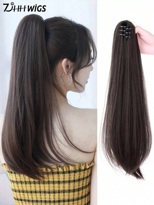 SHEIN 7JHH WIGS باروكة شعر ذيل حصان مستقيم بلون بني غامق 20 بوصة