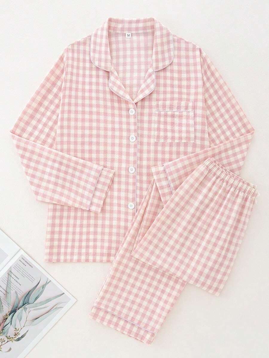 SHEIN طقم بيجامة قطعتين بأكمام طويلة وبنطلون فضفاض