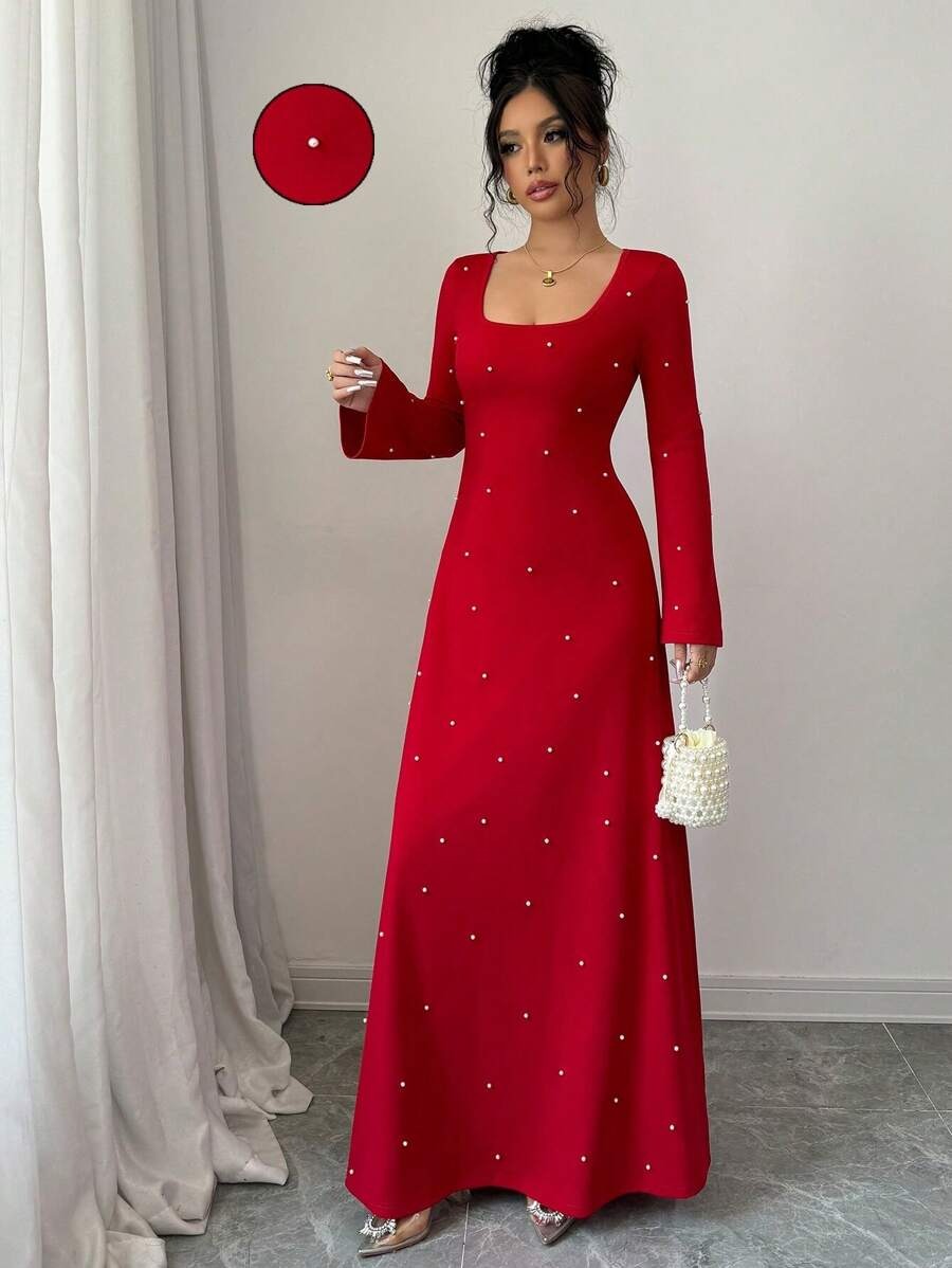 SHEIN Elenzga فستان ماكسي أنيق مزين باللؤلؤ
