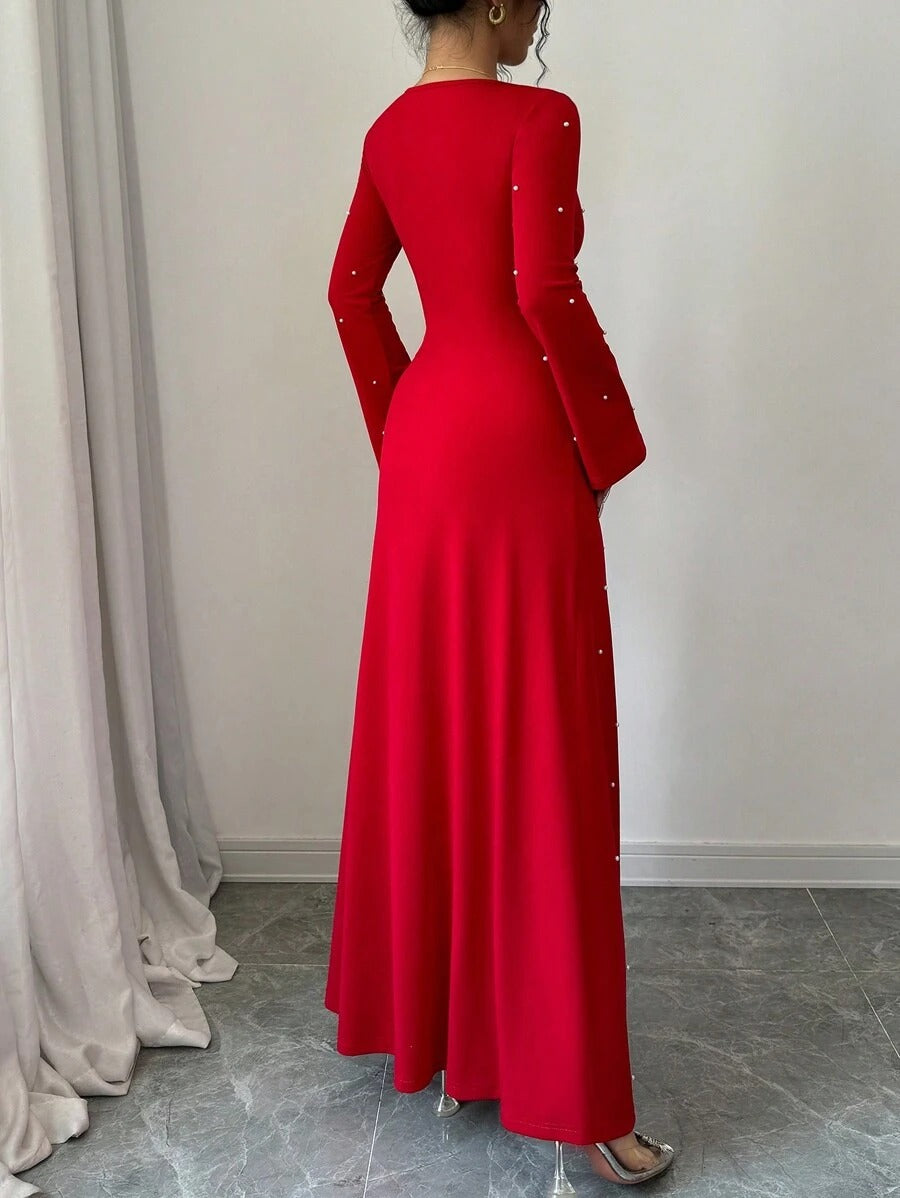 SHEIN Elenzga فستان ماكسي أنيق مزين باللؤلؤ