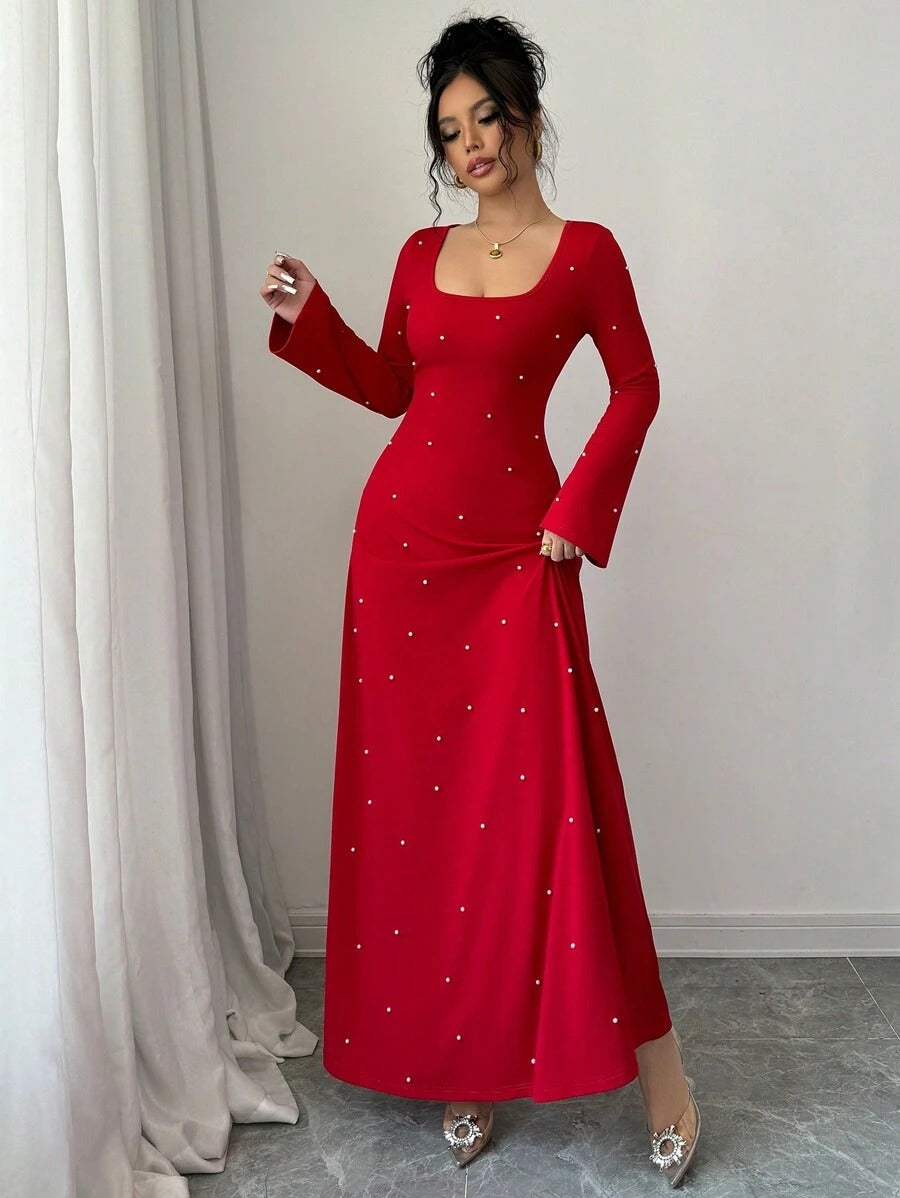 SHEIN Elenzga فستان ماكسي أنيق مزين باللؤلؤ