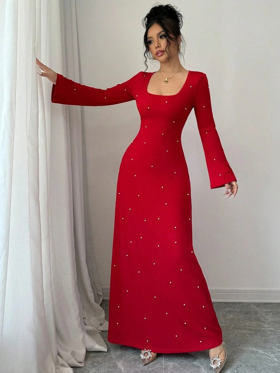 SHEIN Elenzga فستان ماكسي أنيق مزين باللؤلؤ