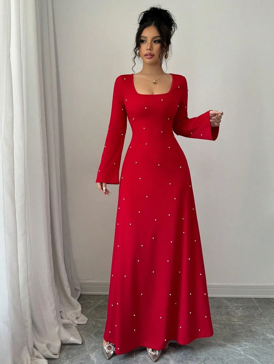 SHEIN Elenzga فستان ماكسي أنيق مزين باللؤلؤ