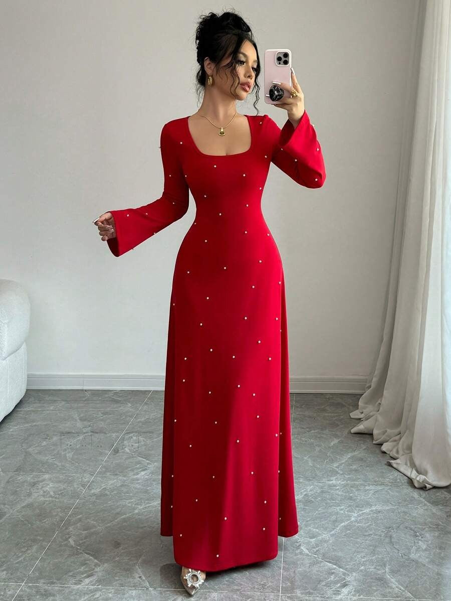 SHEIN Elenzga فستان ماكسي أنيق مزين باللؤلؤ