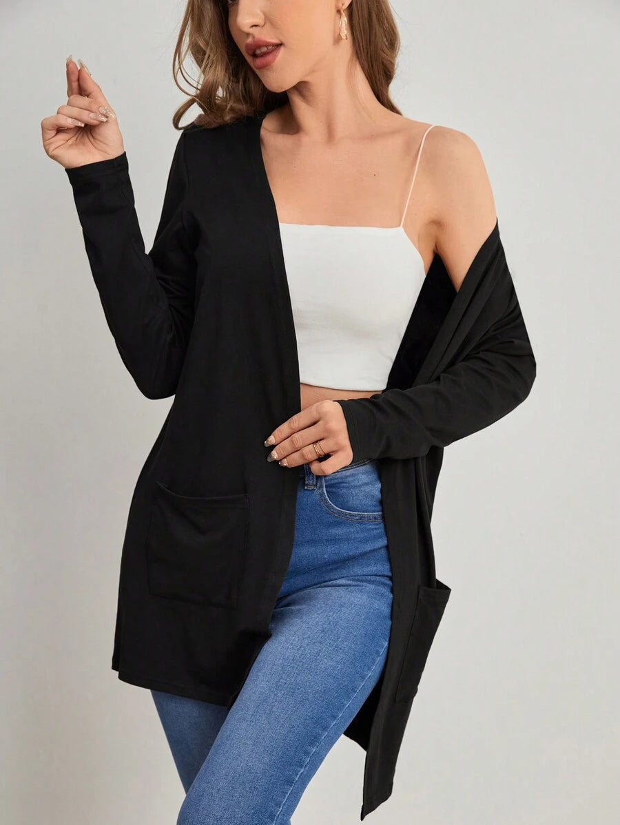 SHEIN Louniche معطف نسائي مفتوح من الأمام بلون أسود