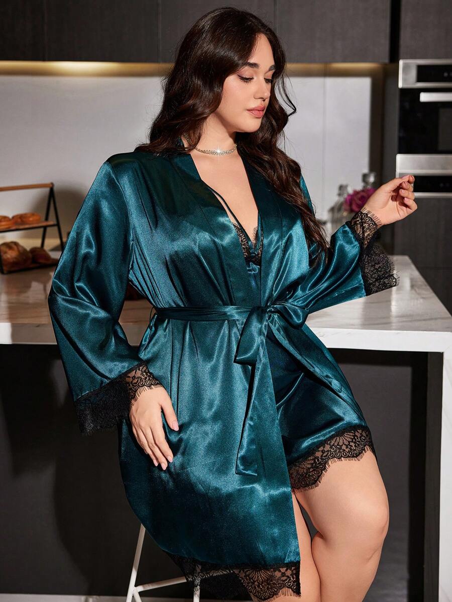 SHEIN SilkySpell فستان سليب مع روب حرير دانتيل