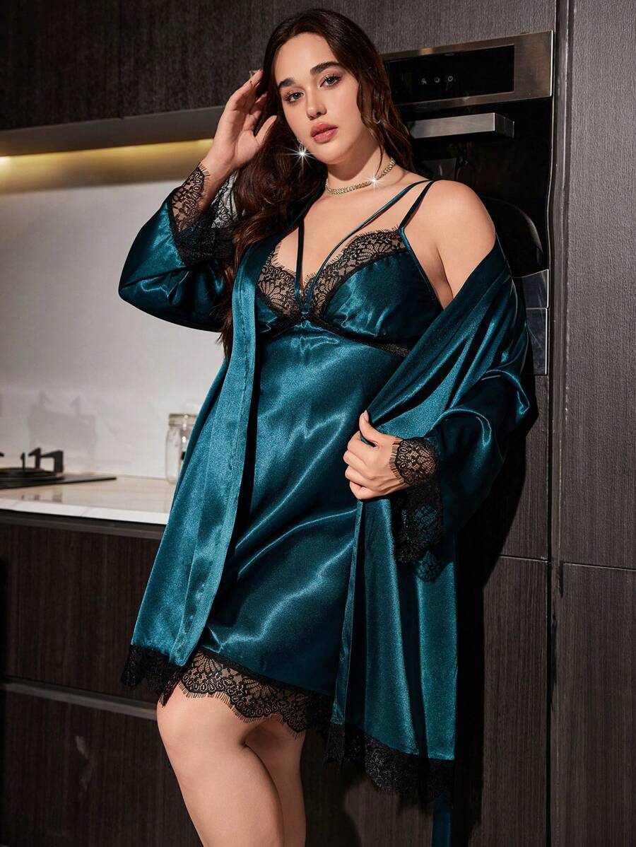 SHEIN SilkySpell فستان سليب مع روب حرير دانتيل