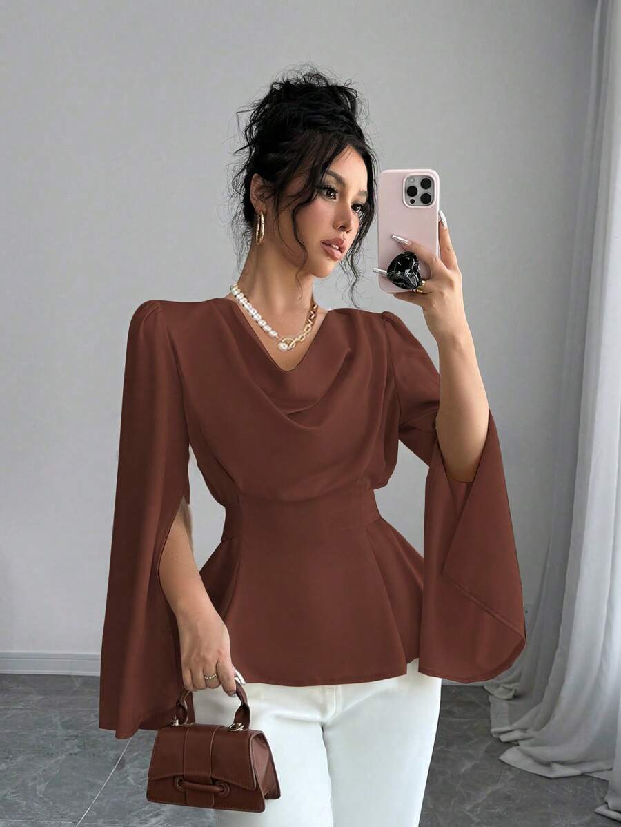 SHEIN Elenzga تب نسائي أنيق بياقة شال وأكمام مشقوقة بتصميم متدرج