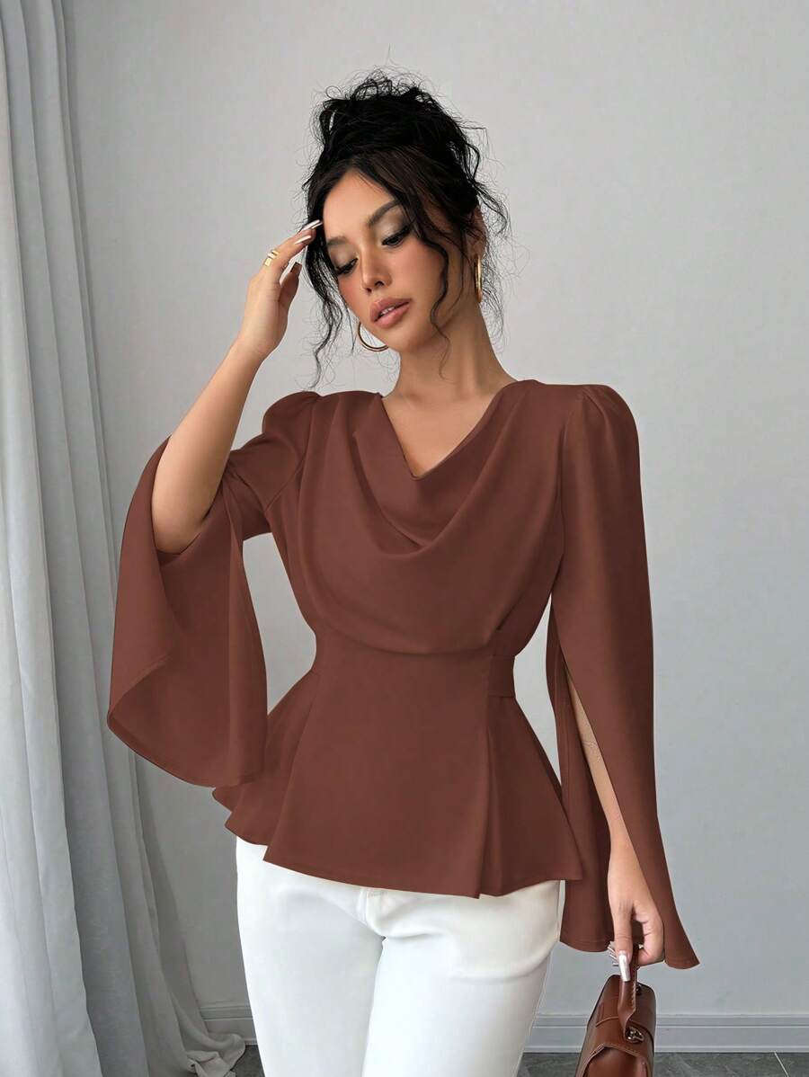 SHEIN Elenzga تب نسائي أنيق بياقة شال وأكمام مشقوقة بتصميم متدرج