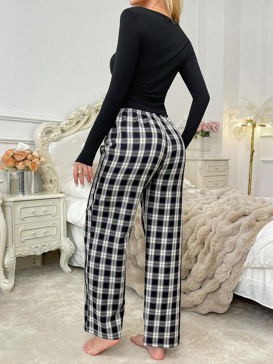 SHEIN طقم بيجامة بلوزة بأكمام طويلة وبنطلون مربعات