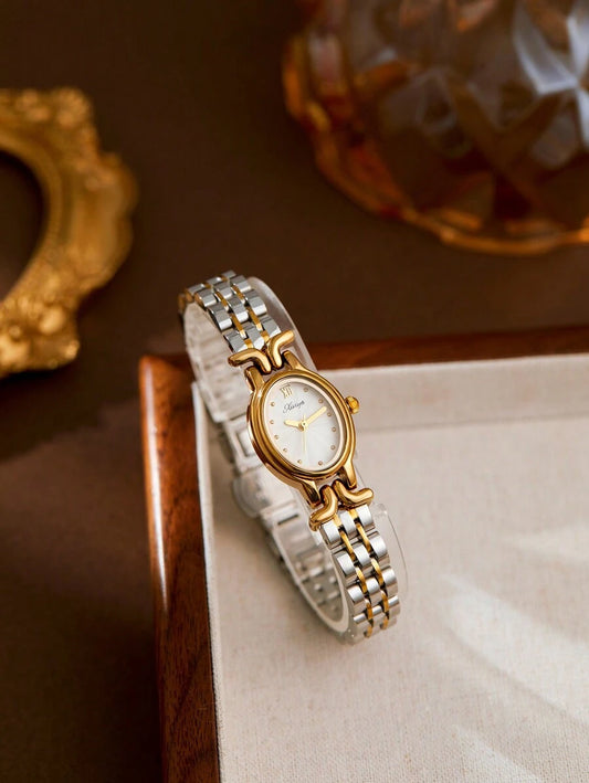 SHEIN XIVIYA ساعة يد نسائية ذهبية بيضاوية مقاومة للماء