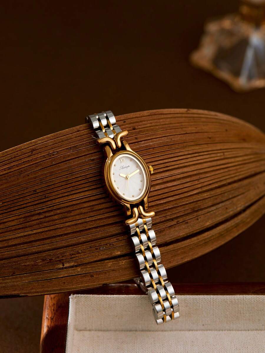 SHEIN XIVIYA ساعة يد نسائية ذهبية بيضاوية مقاومة للماء