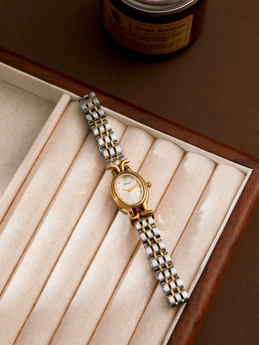 SHEIN XIVIYA ساعة يد نسائية ذهبية بيضاوية مقاومة للماء