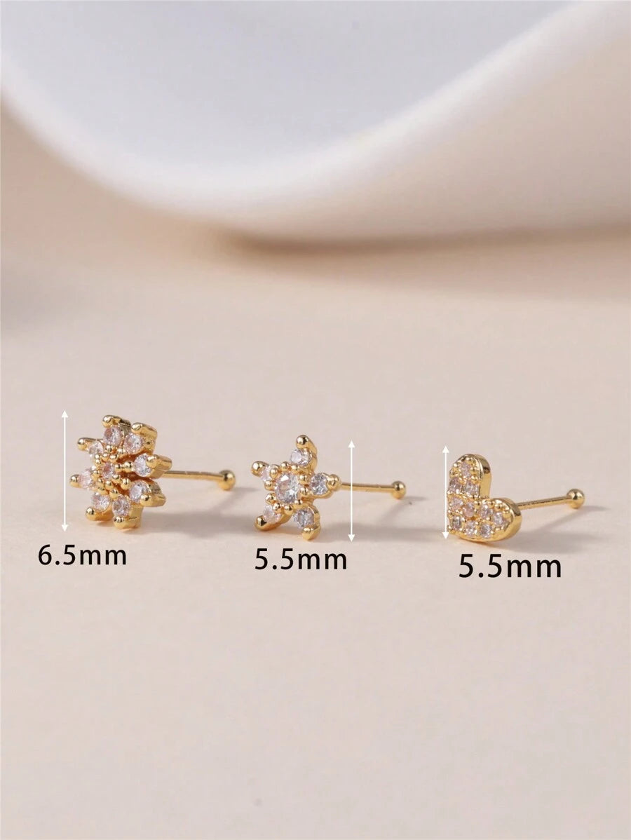 SHEIN KARYOKO طقم 3 دبابيس أنف بزركونيا على شكل قلب وزهرة