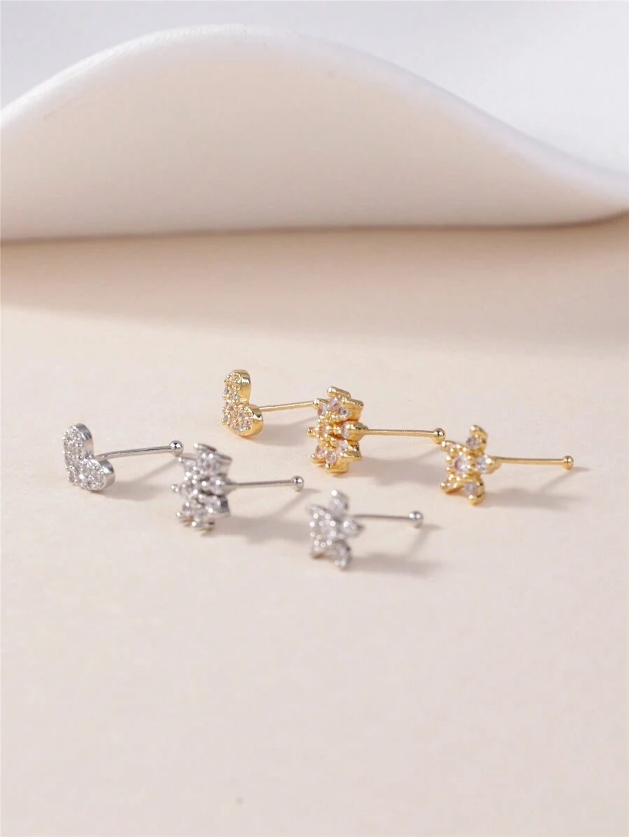 SHEIN KARYOKO طقم 3 دبابيس أنف بزركونيا على شكل قلب وزهرة