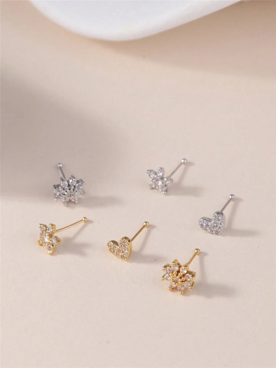 SHEIN KARYOKO طقم 3 دبابيس أنف بزركونيا على شكل قلب وزهرة