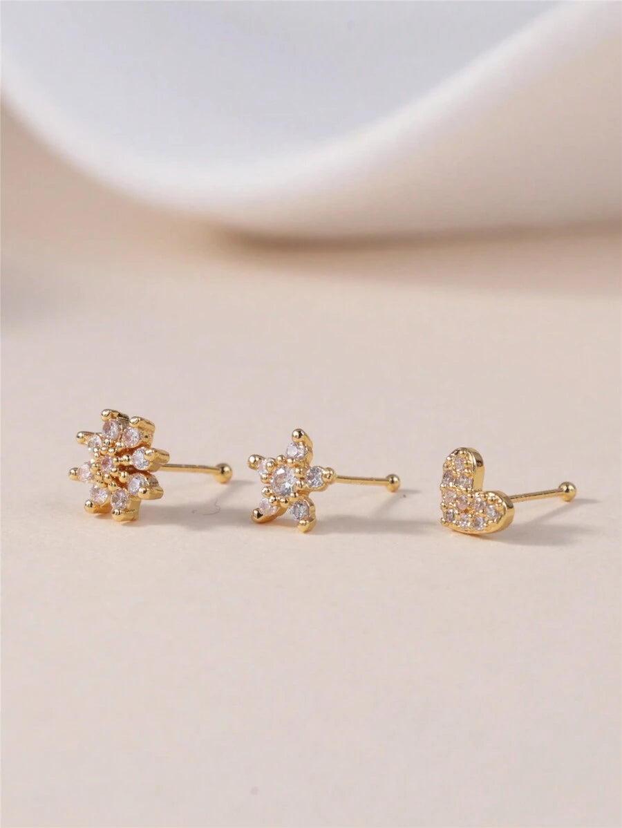 SHEIN KARYOKO طقم 3 دبابيس أنف بزركونيا على شكل قلب وزهرة