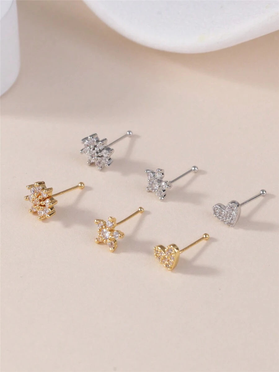 SHEIN KARYOKO طقم 3 دبابيس أنف بزركونيا على شكل قلب وزهرة