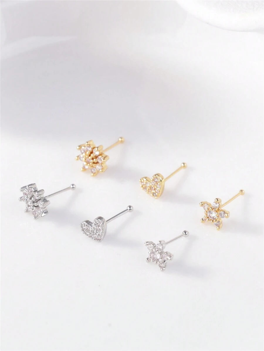 SHEIN KARYOKO طقم 3 دبابيس أنف بزركونيا على شكل قلب وزهرة