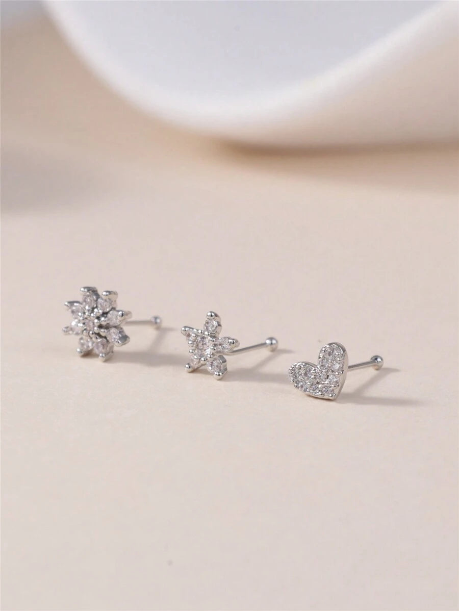 SHEIN KARYOKO طقم 3 دبابيس أنف بزركونيا على شكل قلب وزهرة