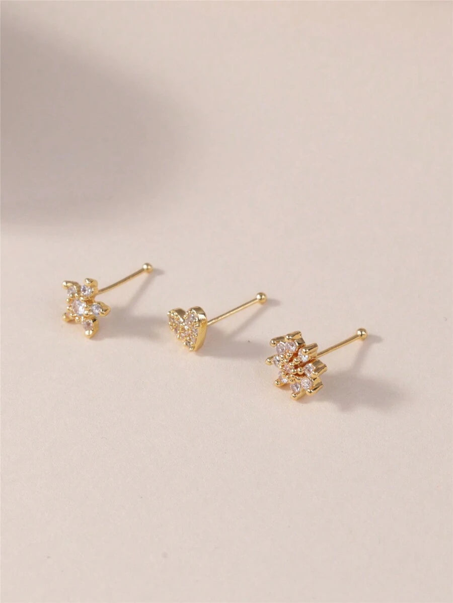 SHEIN KARYOKO طقم 3 دبابيس أنف بزركونيا على شكل قلب وزهرة