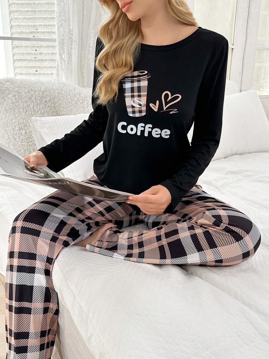 SHEIN Casual Underwear&Sleepwear طقم بيجامة بطبعة كرتونية وبنطلون مربعات بأكمام طويلة
