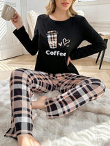 SHEIN Casual Underwear&Sleepwear طقم بيجامة بطبعة كرتونية وبنطلون مربعات بأكمام طويلة