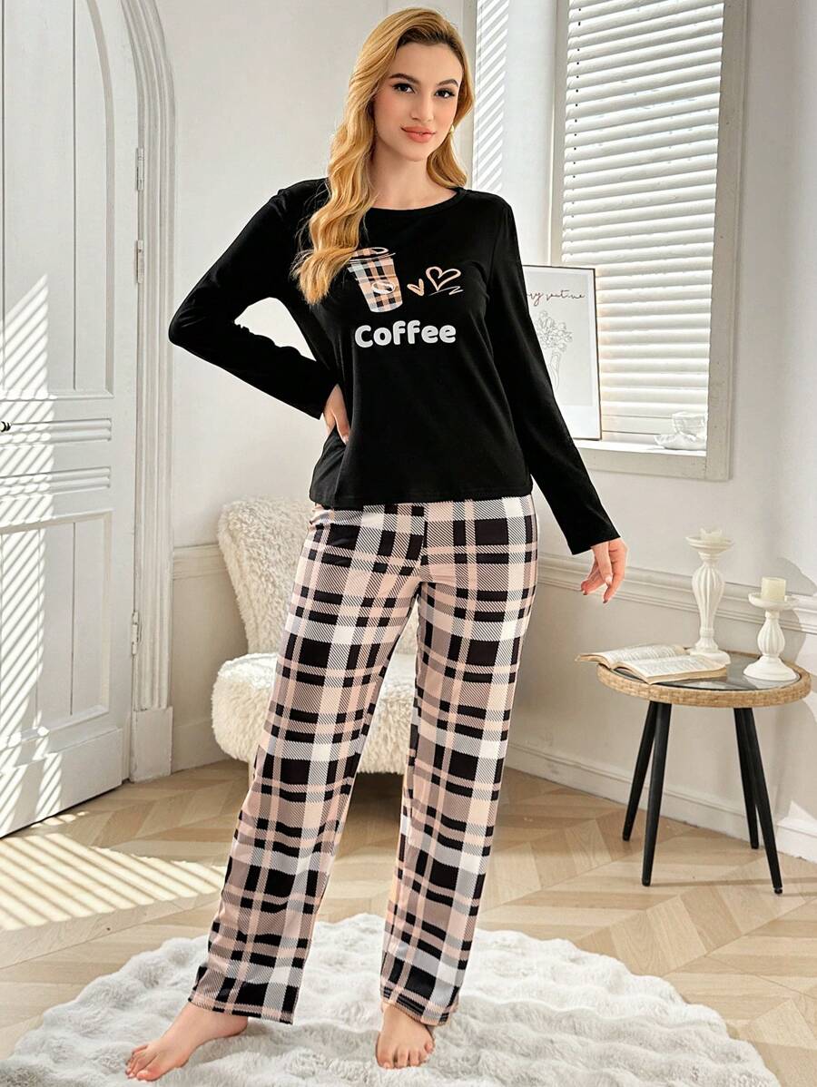 SHEIN Casual Underwear&Sleepwear طقم بيجامة بطبعة كرتونية وبنطلون مربعات بأكمام طويلة