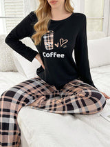 SHEIN Casual Underwear&Sleepwear طقم بيجامة بطبعة كرتونية وبنطلون مربعات بأكمام طويلة