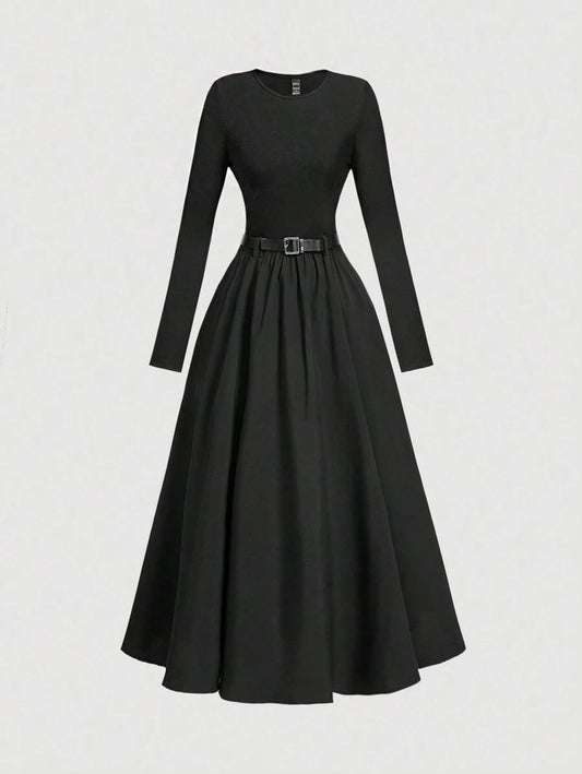 SHEIN MOD فستان اسود طويل الأكمام مع حزام