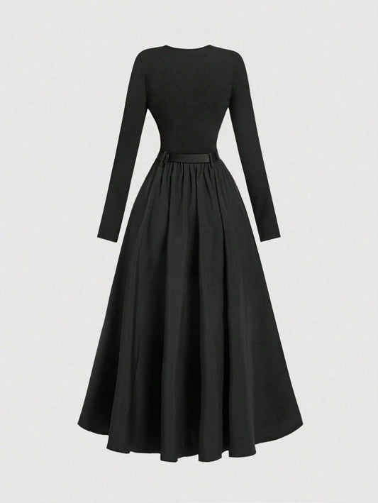SHEIN MOD فستان اسود طويل الأكمام مع حزام