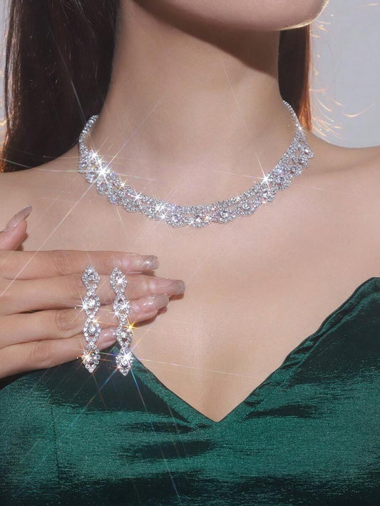 SHEIN طقم مجوهرات العروس قلادة وأقراط لامعة أنيقة