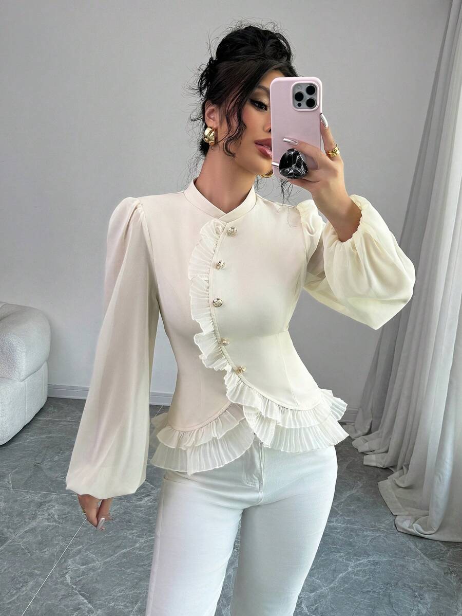 SHEIN Elenzga قميص أنثوي بياقة مكورة وكسرات أمامية