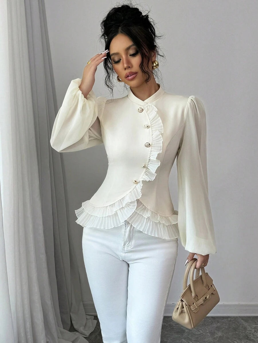 SHEIN Elenzga قميص أنثوي بياقة مكورة وكسرات أمامية