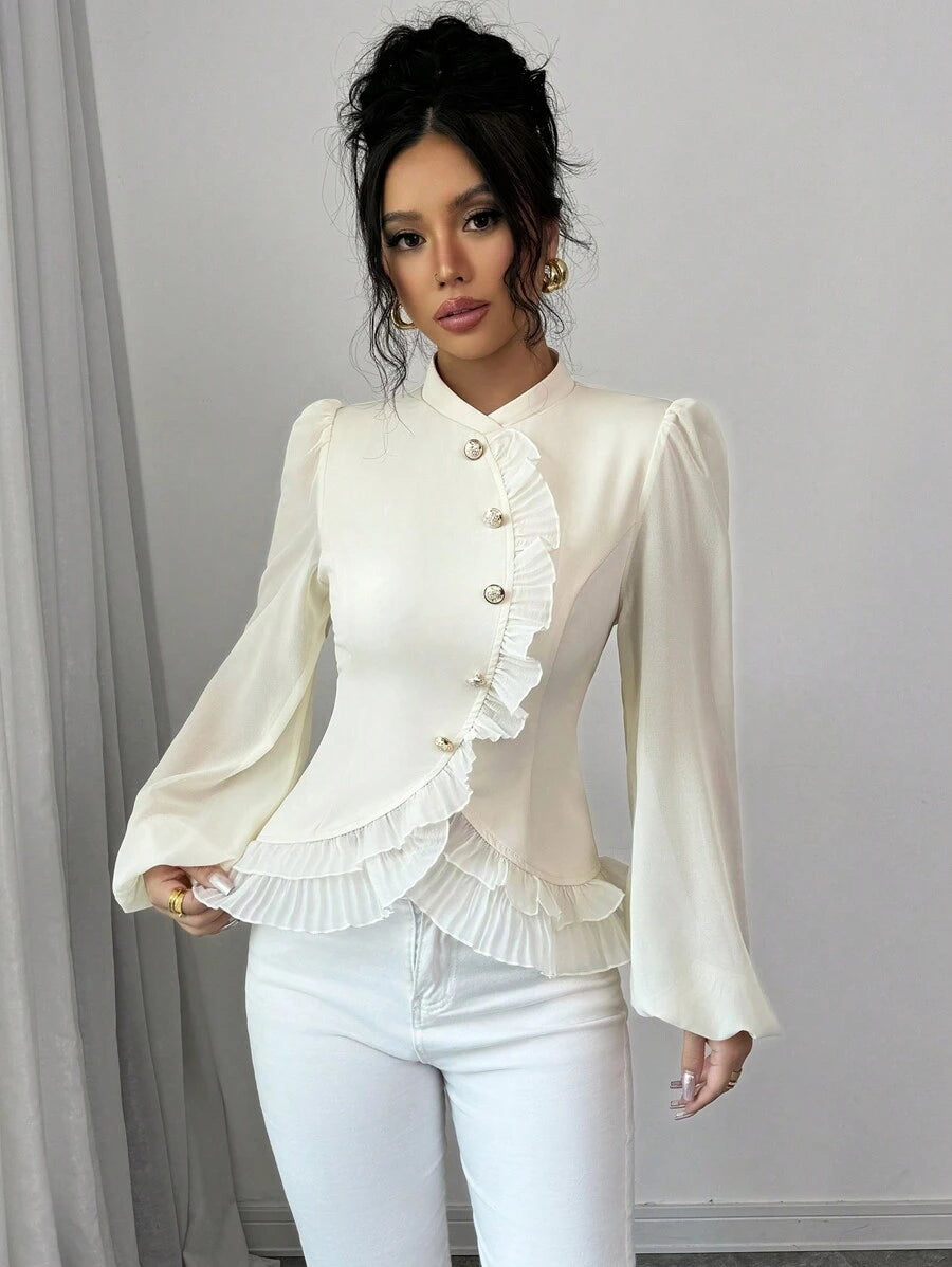 SHEIN Elenzga قميص أنثوي بياقة مكورة وكسرات أمامية
