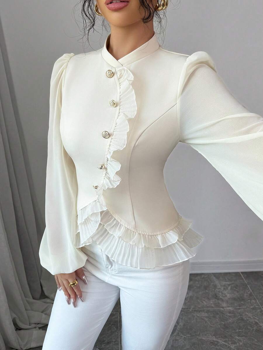 SHEIN Elenzga قميص أنثوي بياقة مكورة وكسرات أمامية