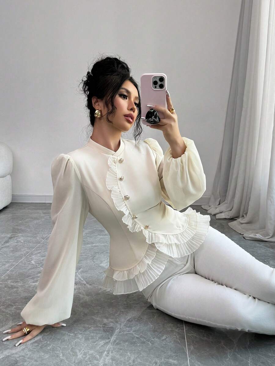 SHEIN Elenzga قميص أنثوي بياقة مكورة وكسرات أمامية