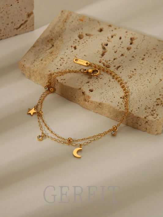 SHEIN GEREIT سوار فولاذ مقاوم للصدأ 18 قيراط بطبقات نجوم وهلال