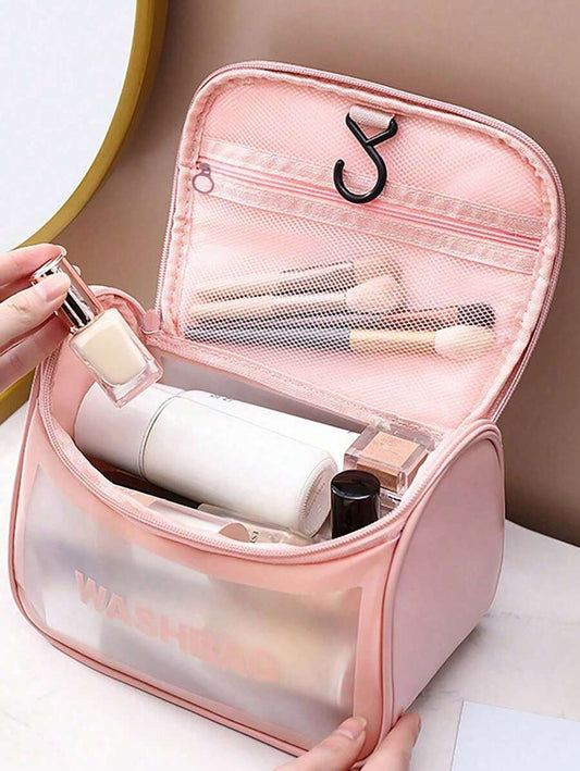 SHEIN حقيبة تجميل وردية شفافة مقاومة للماء، سعة كبيرة ومنظمة للسفر