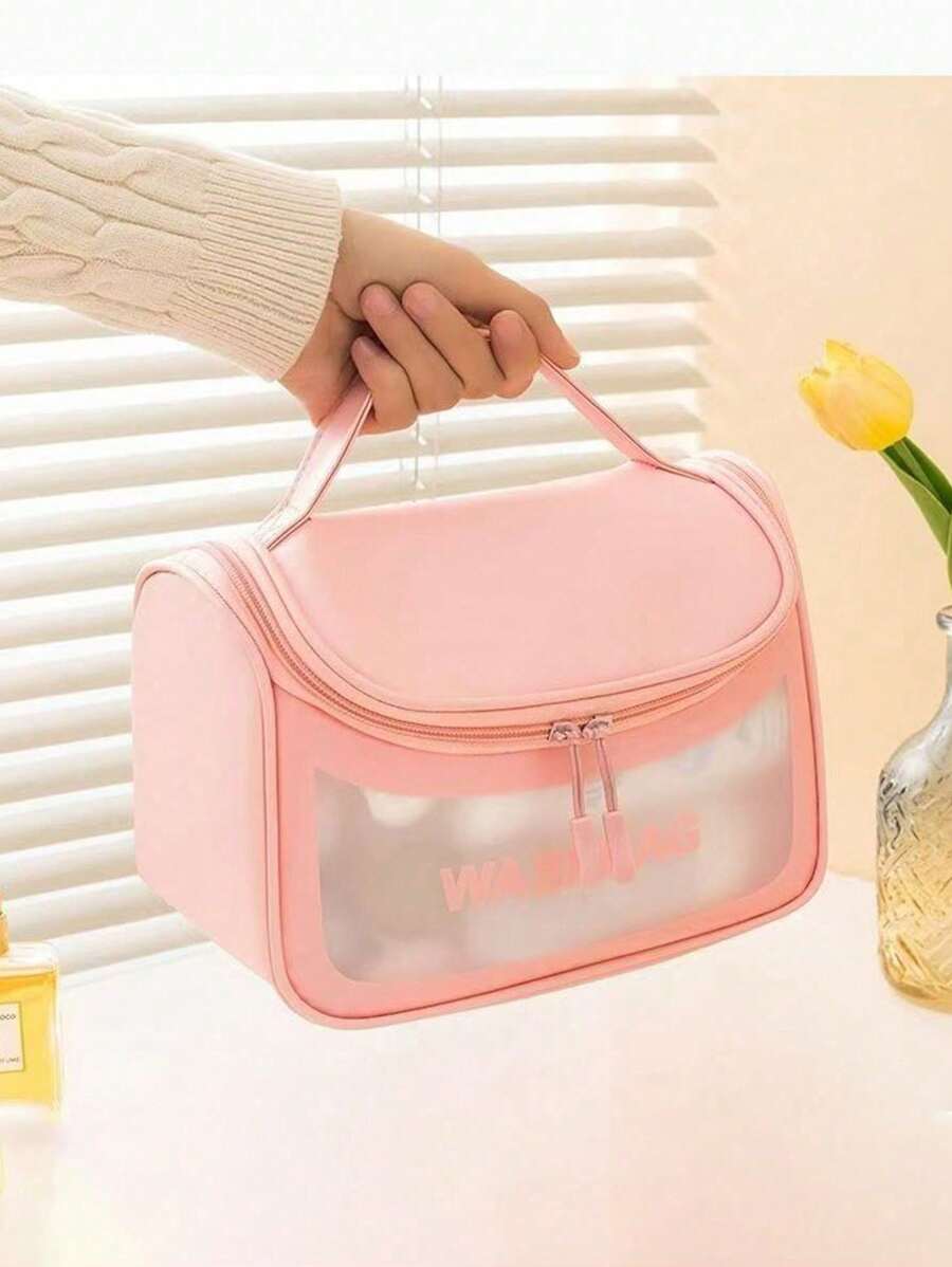 SHEIN حقيبة تجميل وردية شفافة مقاومة للماء، سعة كبيرة ومنظمة للسفر