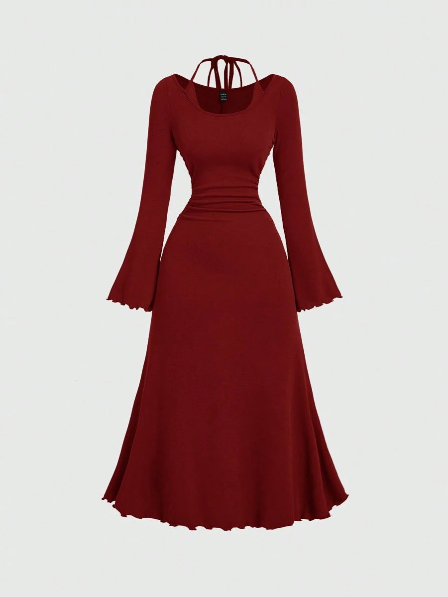 SHEIN MOD فستان عنابي كاجوال بأكمام طويلة ونقشات مطرزة