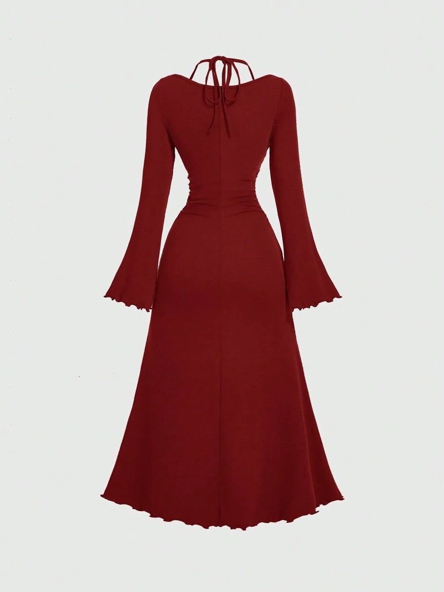 SHEIN MOD فستان عنابي كاجوال بأكمام طويلة ونقشات مطرزة