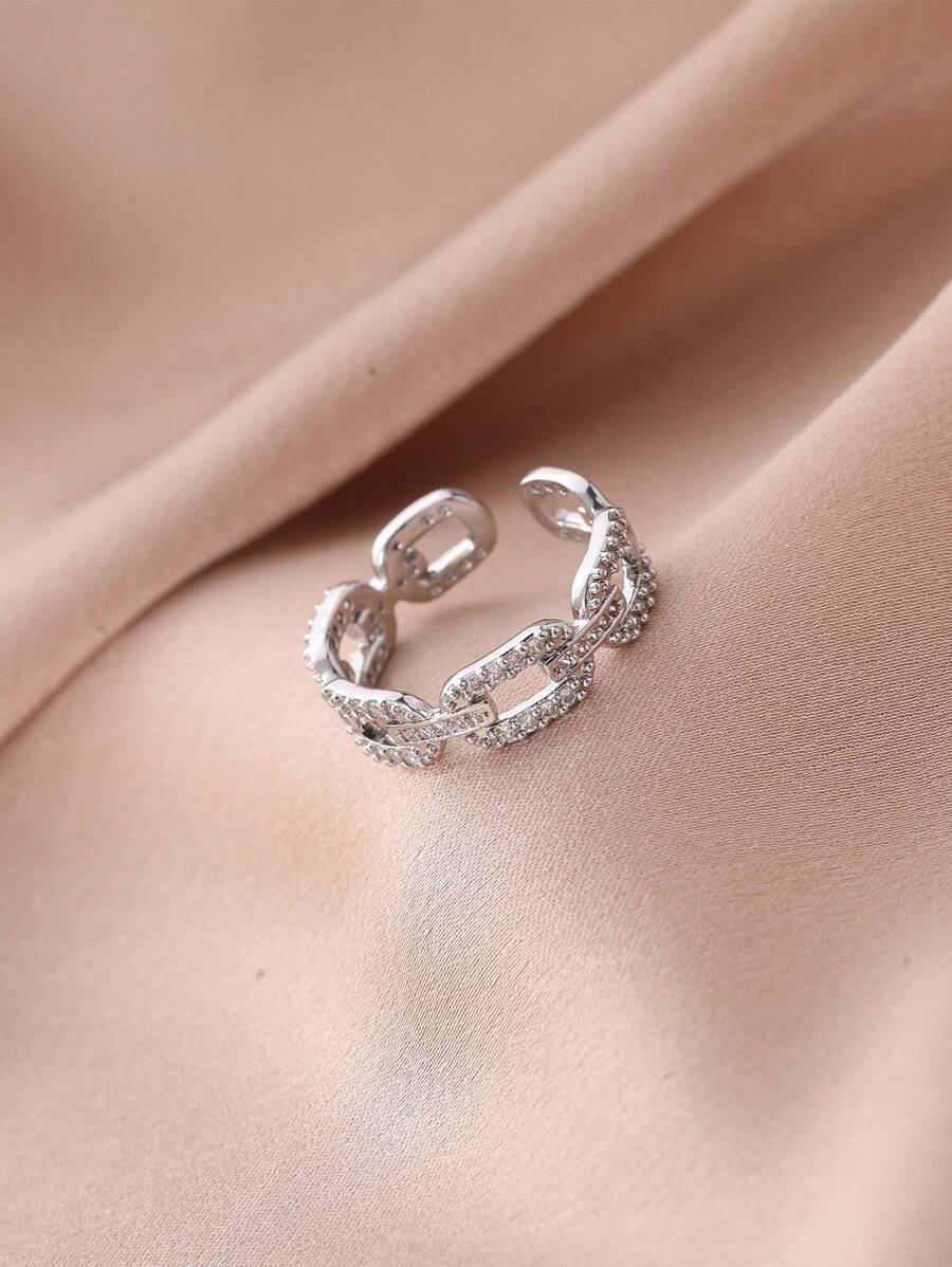 SHEIN Nooxian خاتم فضي بشكل دائرة مفتوحة مرصعة زركونيا