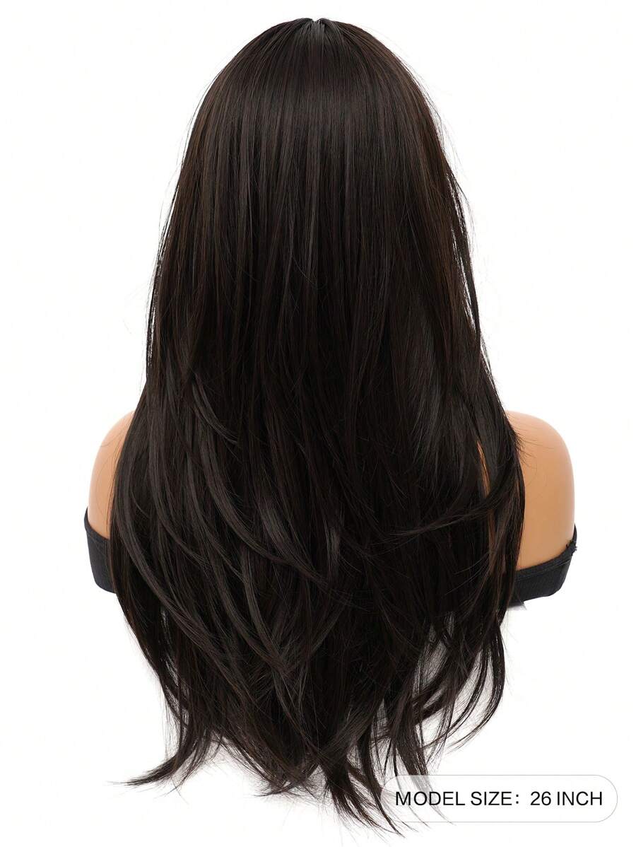 SHEIN باروكة شعر طويل بني غامق 26 بوصة مقاومة للحرارة مع غرة