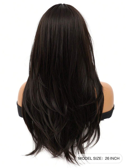 SHEIN باروكة شعر طويل بني غامق 26 بوصة مقاومة للحرارة مع غرة