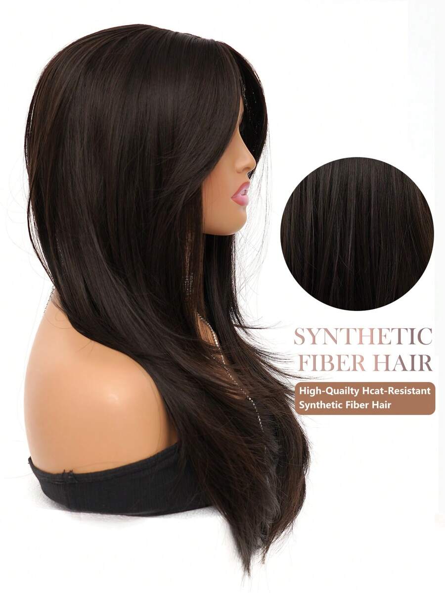 SHEIN باروكة شعر طويل بني غامق 26 بوصة مقاومة للحرارة مع غرة