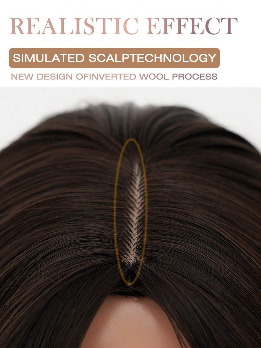 SHEIN باروكة شعر طويل بني غامق 26 بوصة مقاومة للحرارة مع غرة