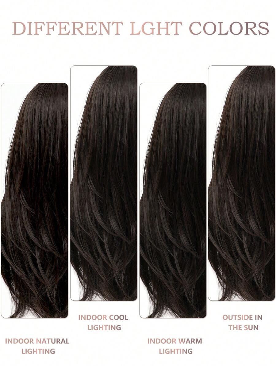 SHEIN باروكة شعر طويل بني غامق 26 بوصة مقاومة للحرارة مع غرة