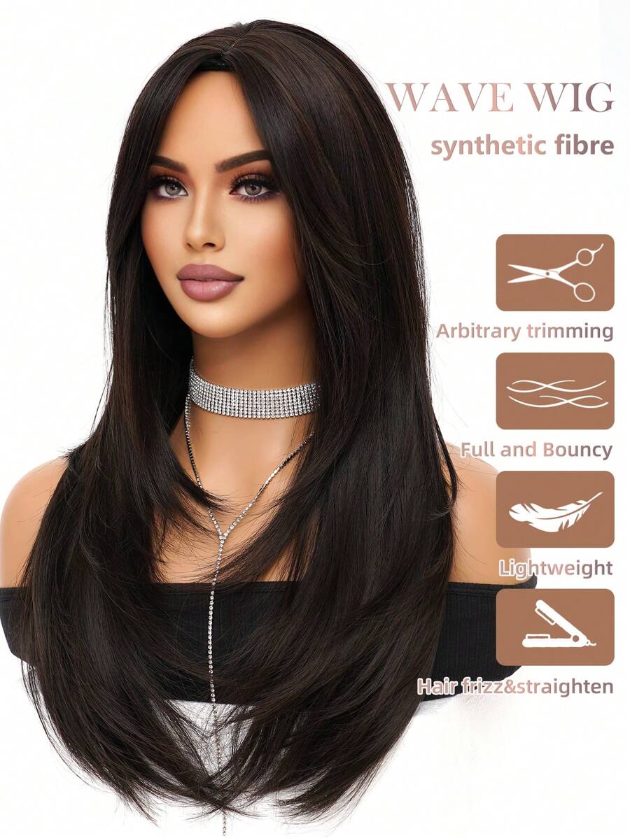 SHEIN باروكة شعر طويل بني غامق 26 بوصة مقاومة للحرارة مع غرة